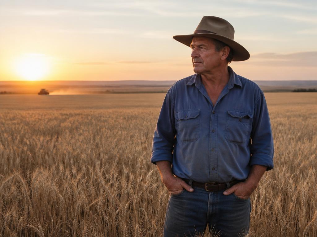Australian farmer standing in a wheat paddock at sunrise