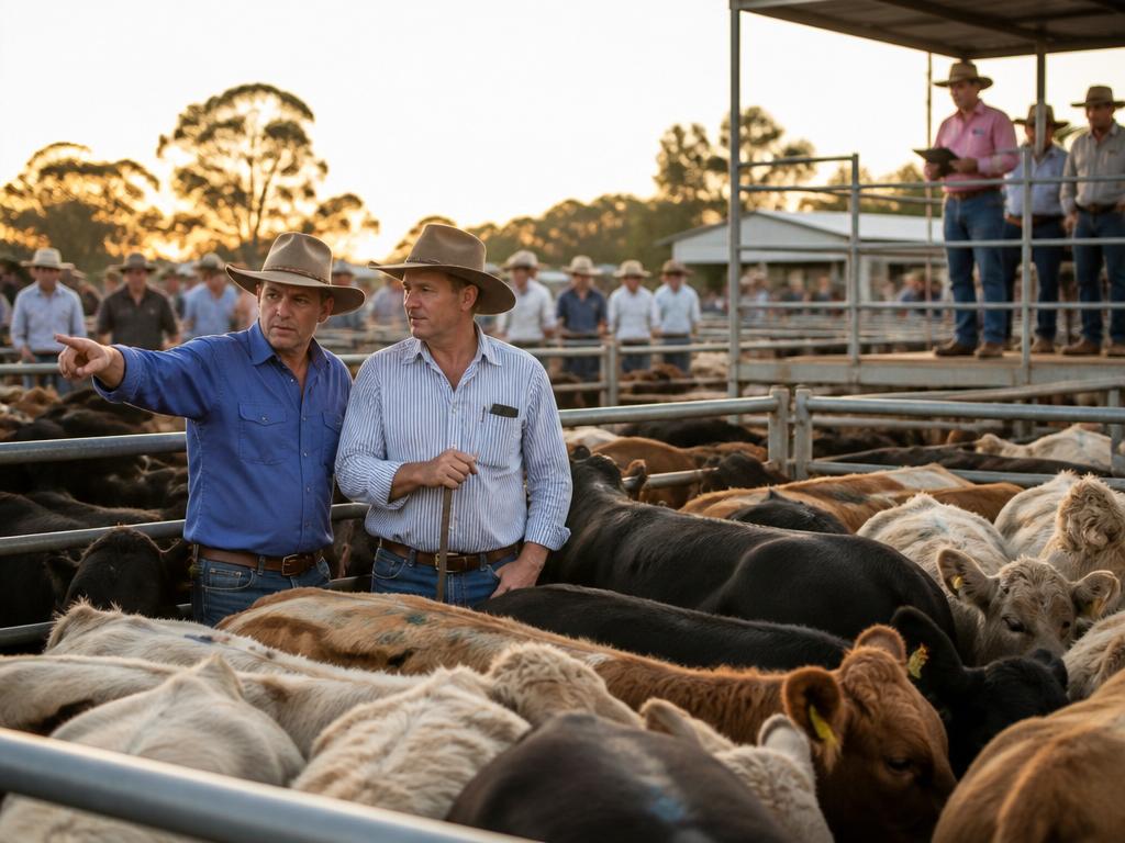 Australian livestock agents inspecting cattle at a regional saleyard